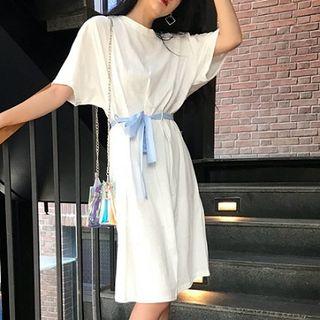 Plain Lace-up Short-sleeve High-waist Dress