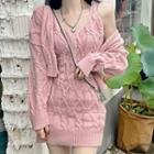 Set: Spaghetti-strap Cable Knit Dress / Loose Fit Cable Knit Cardigan Set - Spaghetti-strap Dress & Cardigan - Pink - One Size