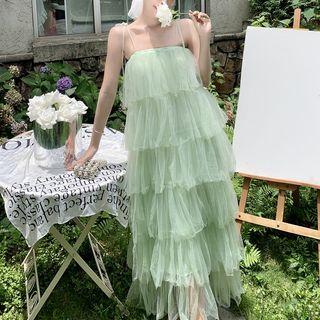 Spaghetti Strap Mesh Tiered Maxi Dress Green - One Size