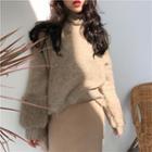 Plain Turtle-neck Furry-sleeve Loose-fit Sweater
