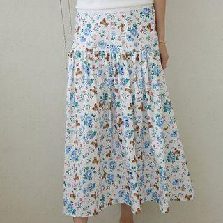 Shirred Patterned Long Skirt