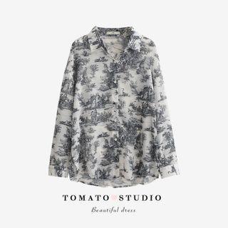 Printed Button-up Oversized Shirt Black - One Size