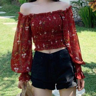 Floral Print Off-shoulder Chiffon Blouse Red - One Size