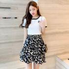 Short-sleeve Flower Print T-shirt / Mini A-line Skirt / Set