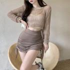 Long-sleeve Asymmetrical Knit Top / Drawstring Mini Pencil Skirt