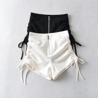 High Waist Drawstring Ruched Zip-up Plain Shorts