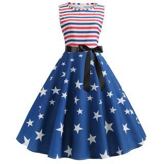 Sleeveless Striped Panel Star Printed A-line Dress