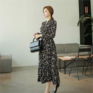 Frill-cuff Floral Print Long Dress