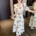 Set: Puff-sleeve Floral Cropped Blouse + Midi A-line Skirt