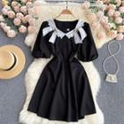 Color Block Bow Puff-sleeve Dress