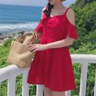 Ruffle Trim Cut Out Shoulder Elbow Sleeve Dress