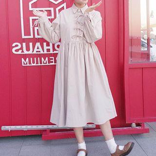 Bow Detail Long-sleeve A-line Midi Shirt Dress