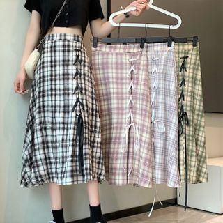 Plaid Lace-up Midi A-line Skirt