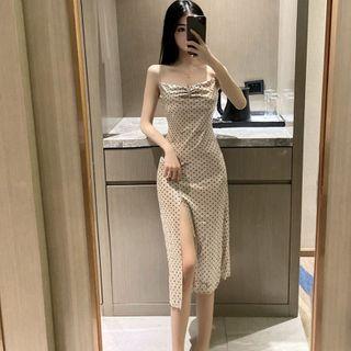 Dotted Spaghetti Strap Slit Dress Almond - One Size