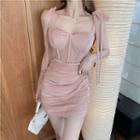 Square-neck Plain Mesh Skinny Mini Dress