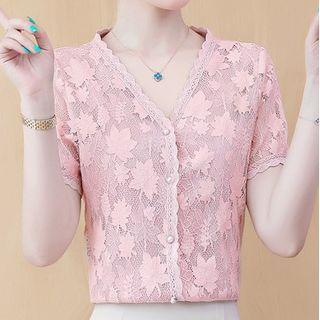 V-neck Beaded Short-sleeve Lace Top