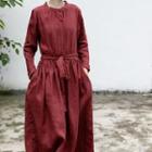 Long-sleeve Linen Maxi Dress Maroon - One Size