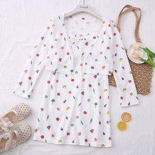 Set: Fruit-print Ruffled Sleeveless Dress + Open-front Cardigan White - One Size