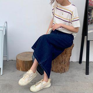 Short-sleeve Striped T-shirt / High-waist Split Hem Denim Skirt