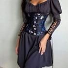 Puff Sleeve Off-shoulder Plain Mini Dress With Floral Embroidered Corset Belt