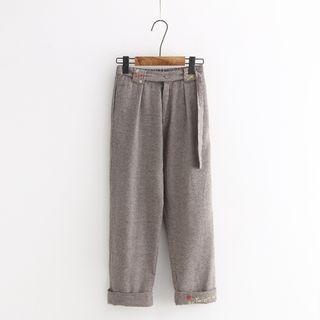 Embroidered Houndstooth Straight-cut Pants