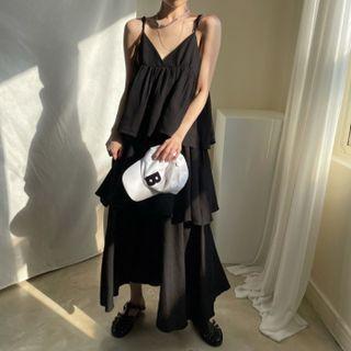 Short-sleeve Tassel Trim Blazer / Spaghetti Strap Midi A-line Dress