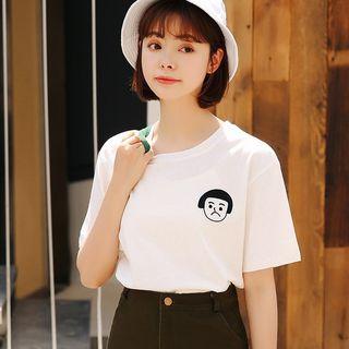 Short-sleeve Cartoon Embroidery T-shirt Head - White - One Size