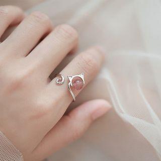 925 Sterling Silver Cat Bead Open Ring 925 Silver - Pink Bead - Silver - One Size