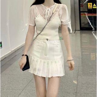 Short-sleeve Tie-neck Chiffon Top / Knit Camisole