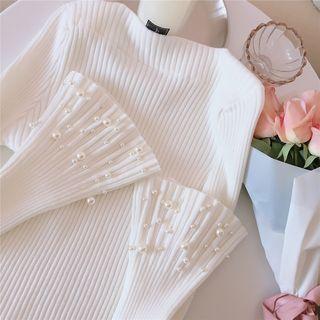 Beaded Long Bell-sleeve Knit Top