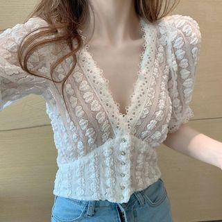 V-neck Short-sleeve Eyelet Blouse