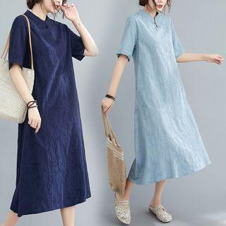 Short-sleeve Frog-buttoned Midi Shift Dress