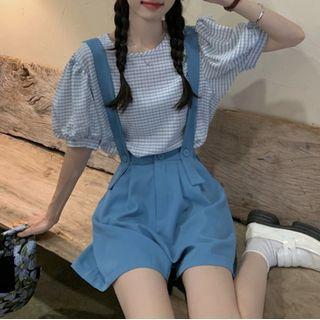 Short-sleeve Plaid Blouse / Jumper Shorts