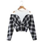 Long-sleeve Off-shoulder Plaid Shirt Panel Cropped Top