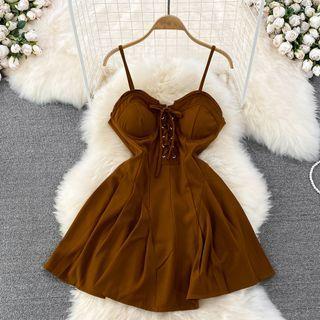 Spaghetti Strap Lace Up A-line Mini Dress