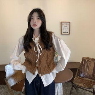 Long-sleeve Ruffled Blouse / Cable-knit Vest