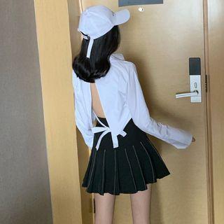 Set: Long-sleeve Cold Shoulder Open Back Shirt + A-line Mini Pleated Skirt