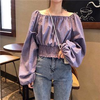 Color-block Plaid Long-sleeve Blouse Purple - One Size