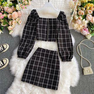 Set: Square-neck Gingham Blouse + High-waist Mini Skirt