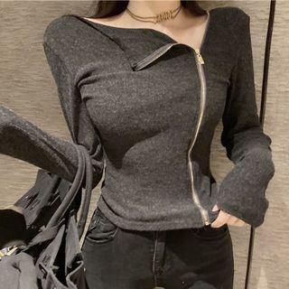 Long-sleeve Zip-front Plain Top