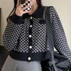 Collared Checkerboard Pattern Cropped Cardigan