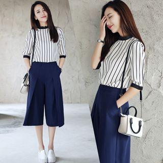 Set: Elbow-sleeve Blouse + Cropped Wide Leg Pants