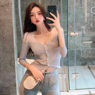 Mesh Panel Button-up Knit Top Light Gray - One Size