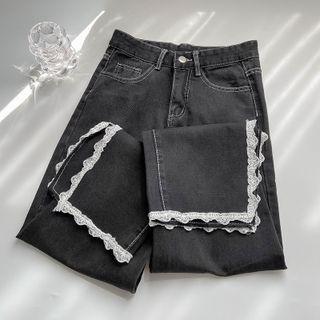 Lace Trim Side-slit Straight Leg Jeans