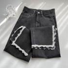 Lace Trim Side-slit Straight Leg Jeans