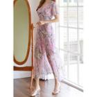 Buttoned Frill-hem Maxi Floral Dress