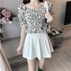 Puff-sleeve Floral Blouse / A-line Skirt