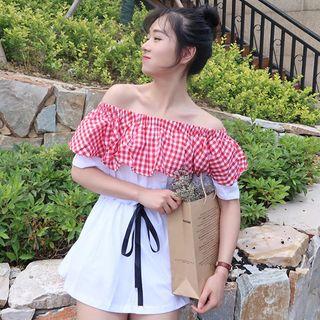 Gingham Panel Off Shoulder Short Sleeve A-line Dress