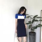 Color Block Short-sleeve Bodycon Dress As Shown In Figure - One Size