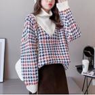 Turtleneck Mock Two-piece Houndstooth Sweater